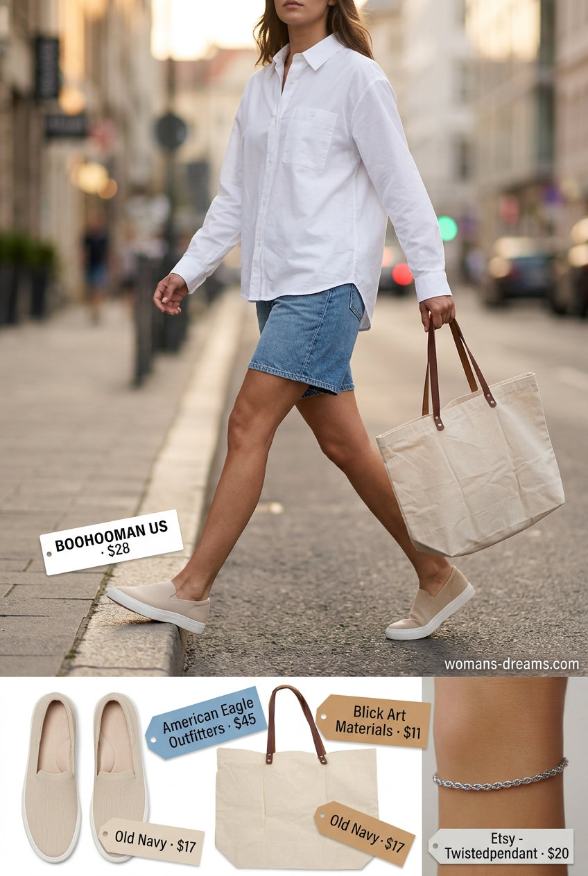Summer Tomboy Outfits for Women 2026: Denim shorts, oversized white shirt, and canvas sneakers for coastal casual vibes.