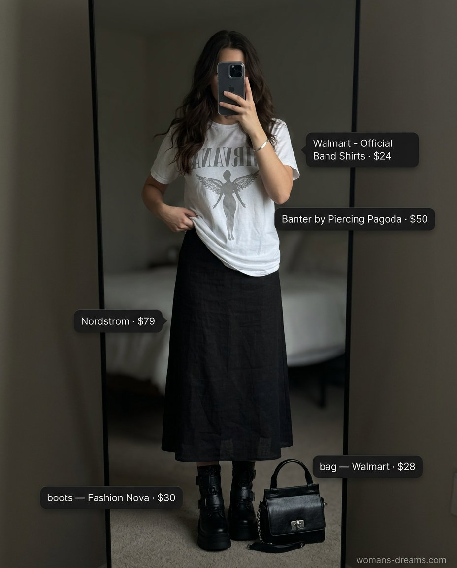 Summer Tomboy Outfits for Women 2026: Edgy concert look with graphic tee, midi skirt, and combat boots.