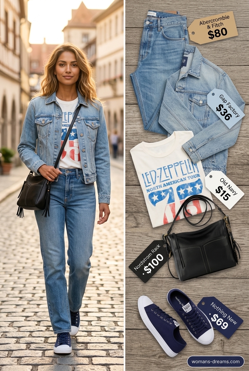 Classic tomboy summer outfit for women 2026: straight leg jeans, graphic tee, denim jacket, and sneakers.