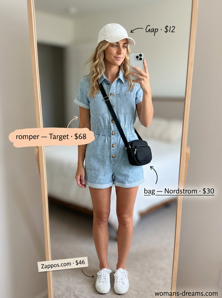 Casual summer tomboy outfit for women 2026: denim romper, baseball cap, and canvas sneakers.