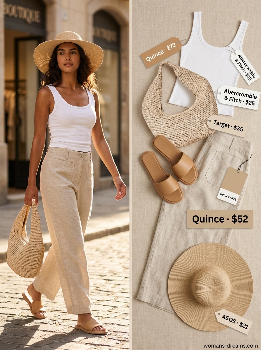 Breezy tomboy summer outfit for women 2026: linen pants, ribbed tank, straw hat, and slide sandals.