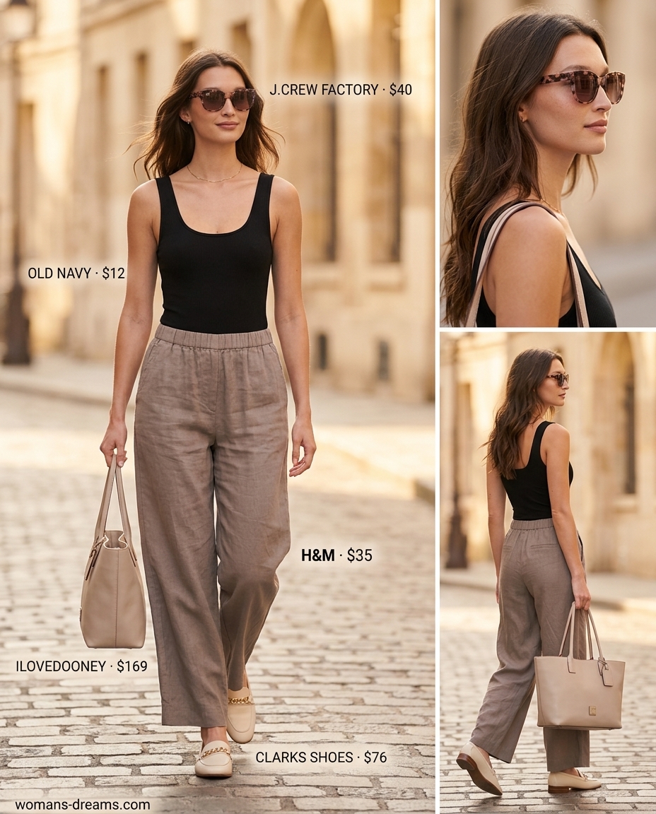 Sophisticated tomboy summer outfit for women 2026: taupe wide-leg trousers, bodysuit, loafers, and sunglasses.