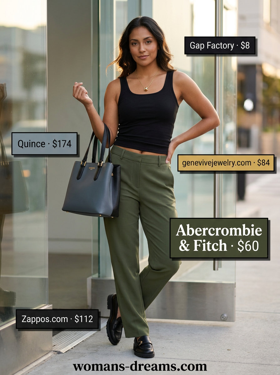 Summer Tomboy Outfits for Women 2026: Tailored olive green pants, black ribbed tank, loafers, and gold necklace for modern utility.