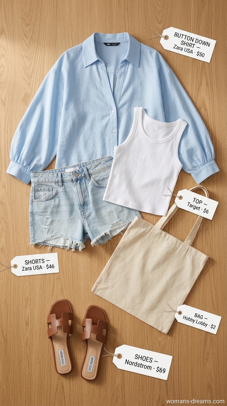 Relaxed tomboy summer outfit for women 2026: oversized linen shirt, tank, denim shorts, and sandals.