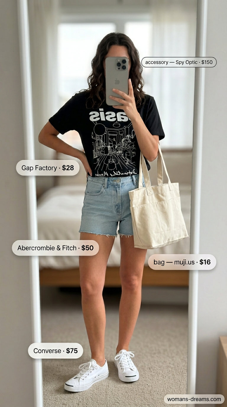 Summer Tomboy Outfits for Women 2026: Denim shorts, graphic tee, and sneakers for a sporty park day look.
