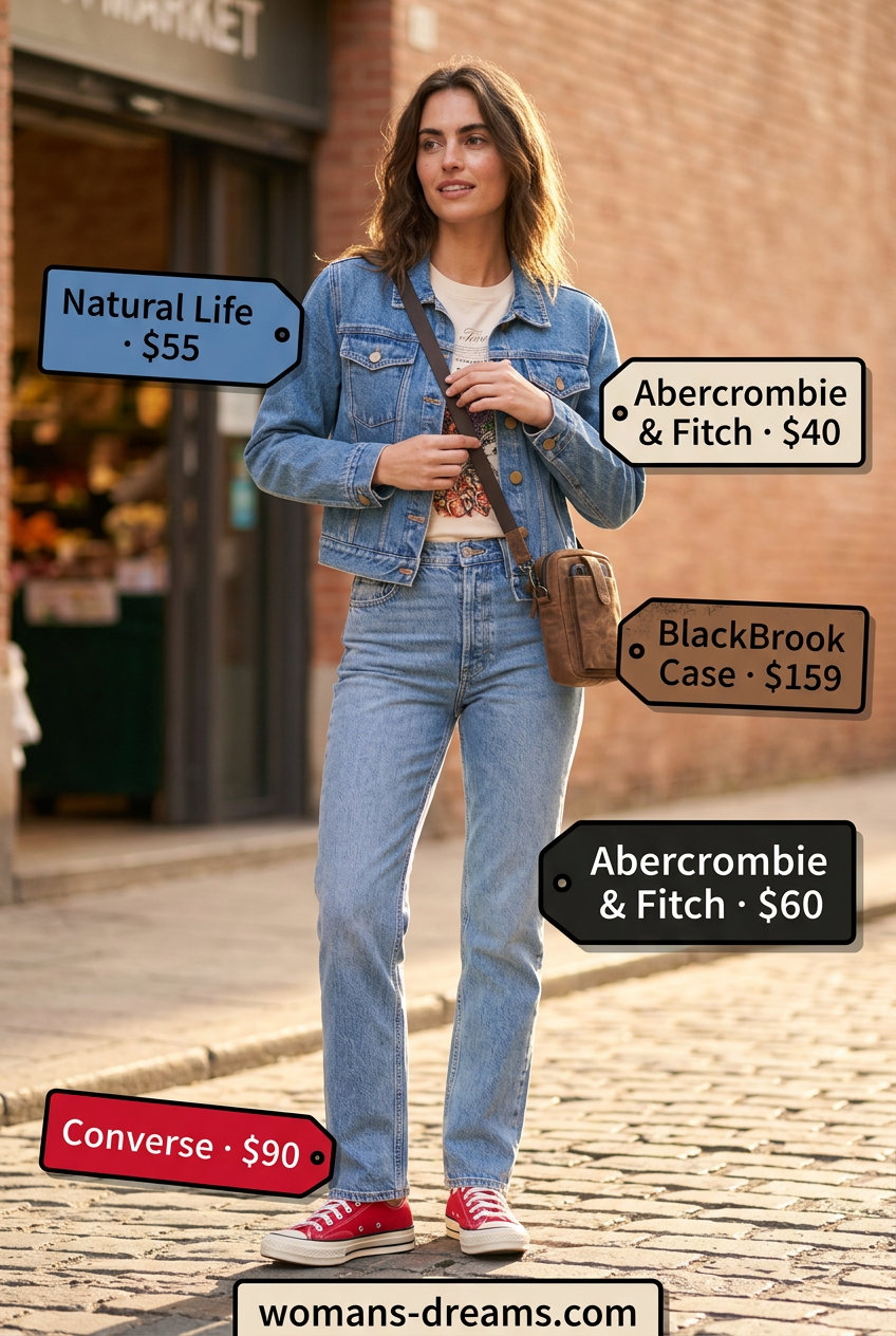 Summer Tomboy Outfits for Women 2026: Denim jacket, graphic tee, straight-leg jeans, and canvas sneakers for retro cool.