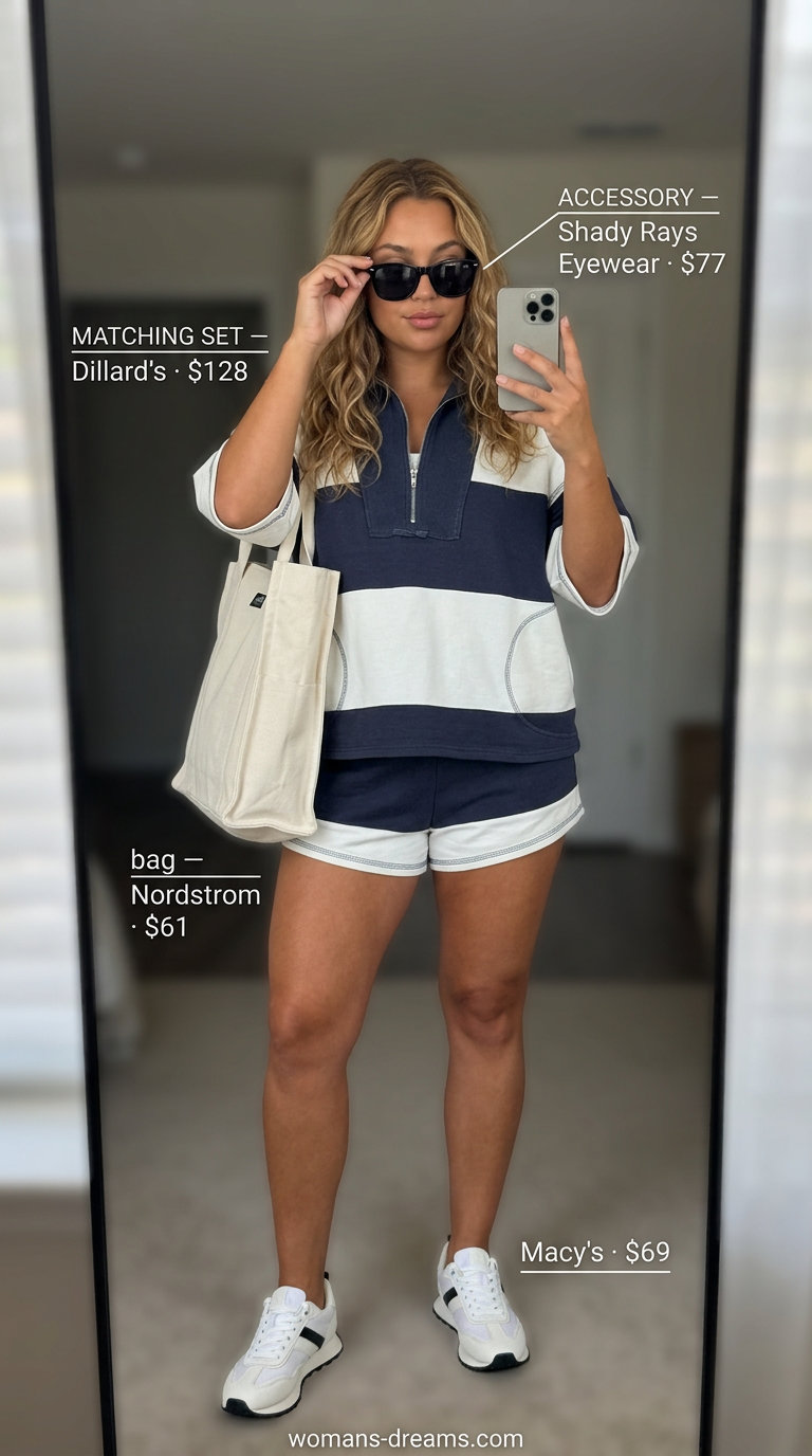 Summer Tomboy Outfits for Women 2026: Retro co-ord set with shorts and boxy top, paired with sneakers.
