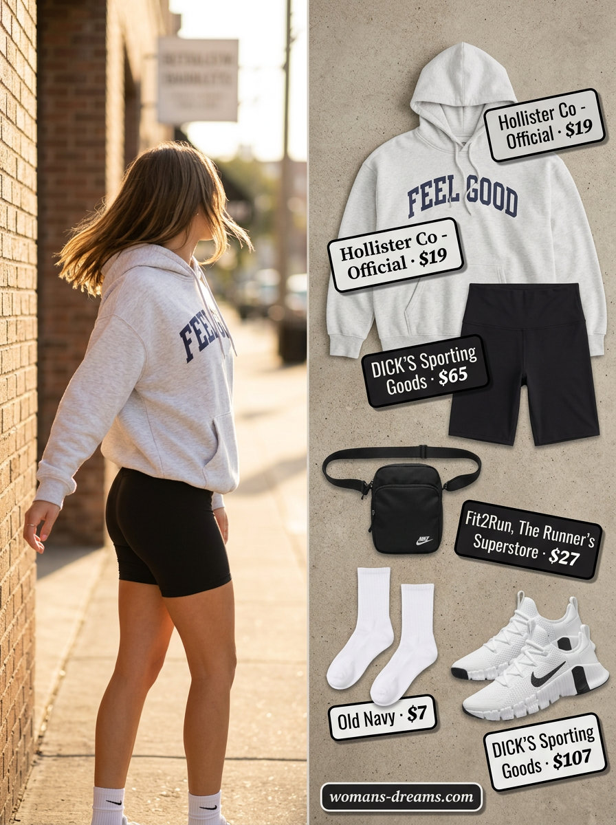 Summer Tomboy Outfits for Women 2026: Biker shorts, graphic hoodie, sneakers, and crossbody bag for sporty chic athleisure.