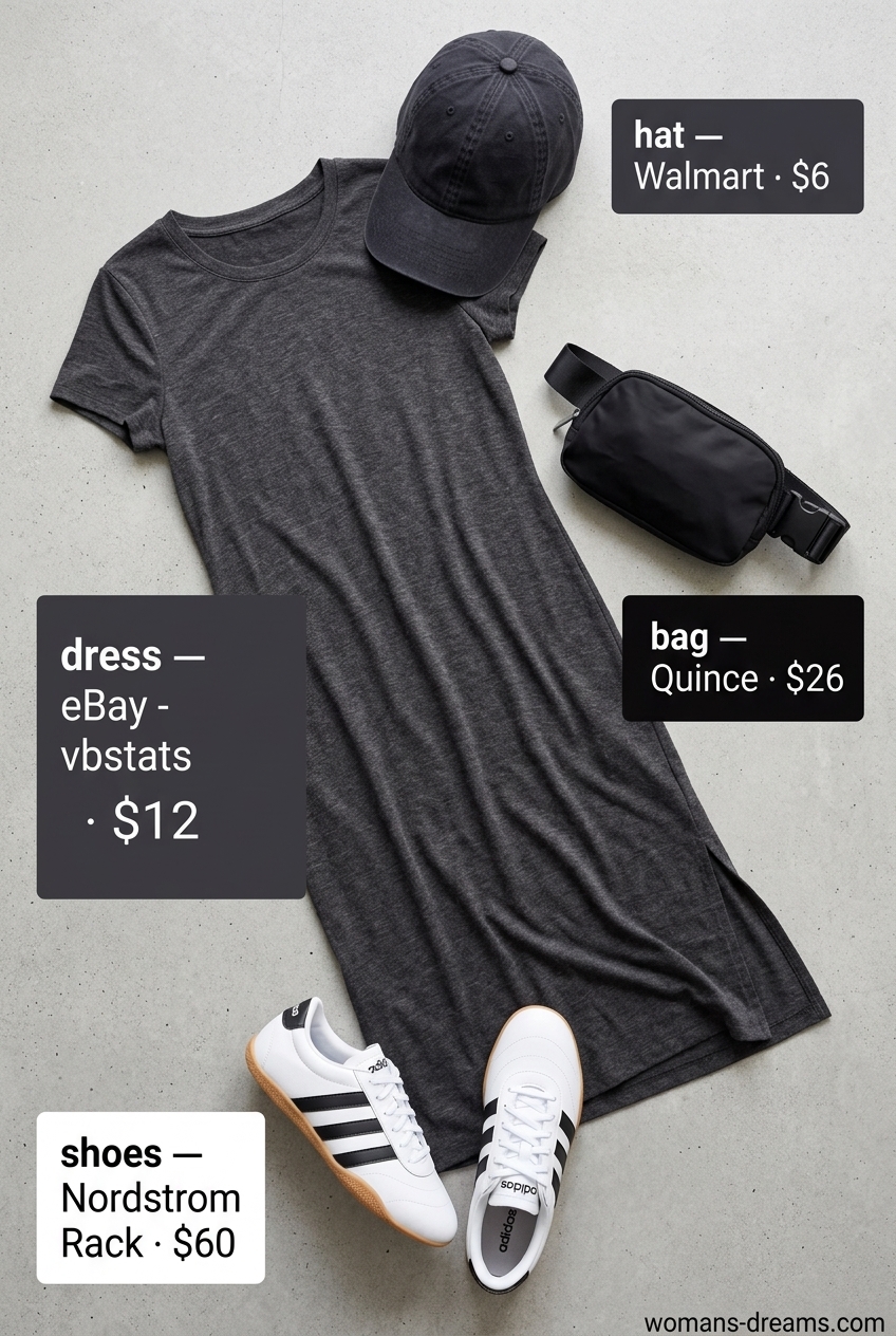 Summer Tomboy Outfits for Women 2026: Sporty t-shirt dress with sneakers, belt bag, and baseball cap.