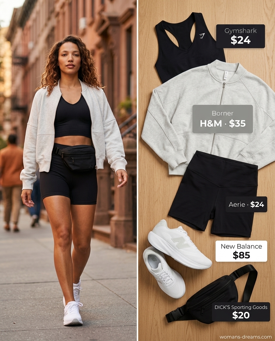 Sporty summer tomboy outfit for women 2026: black biker shorts, cropped tank, bomber jacket, and sneakers.