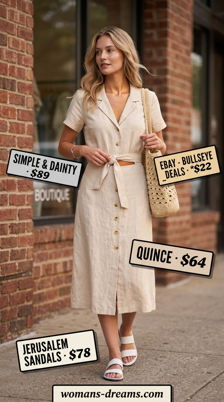 Summer Tomboy Outfits for Women 2026: Oversized linen shirt dress, leather slides, and straw tote for summer relaxed style.