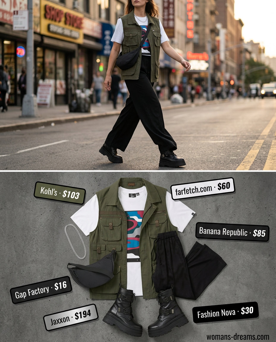 Summer Tomboy Outfits for Women 2026: Urban look with utility vest, wide-leg trousers, and combat boots.