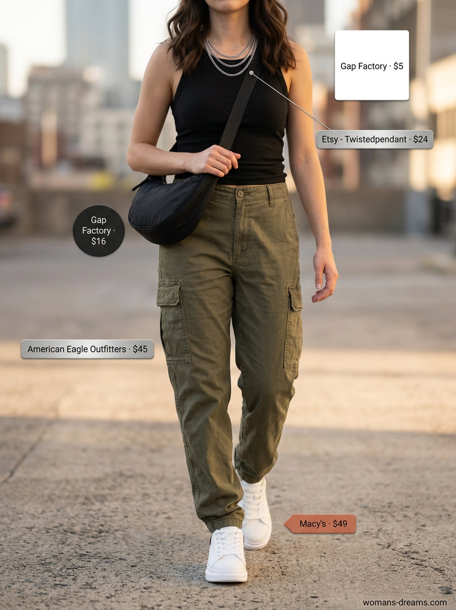 Summer Tomboy Outfits for Women 2026: Olive green cargo pants, black tank, and chunky sneakers for urban exploration.