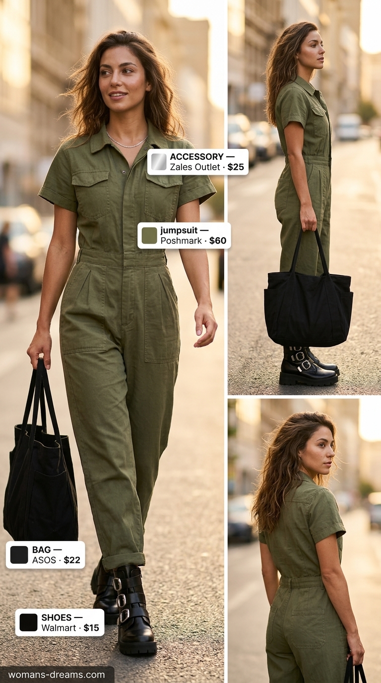 Utilitarian tomboy summer outfit for women 2026: olive green jumpsuit, combat boots, and tote bag.