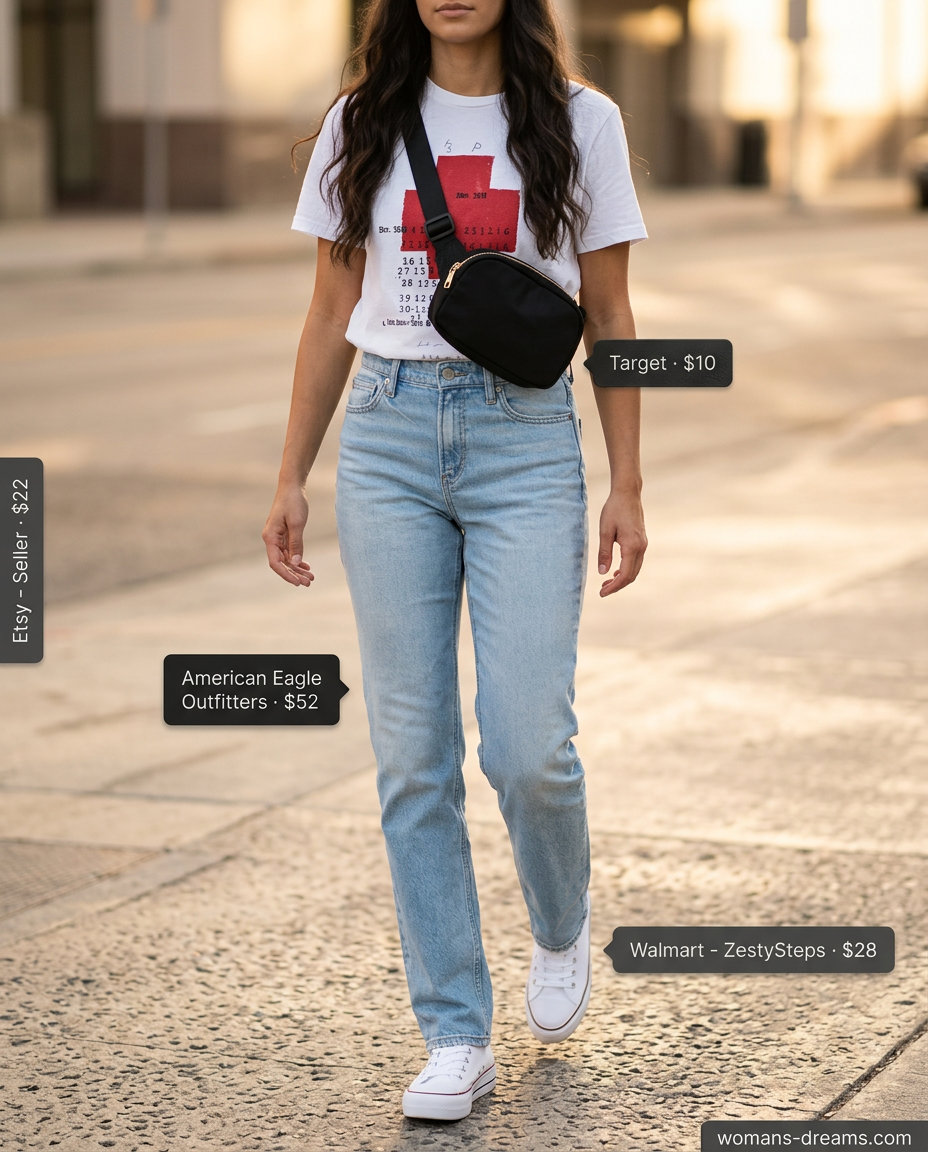 Summer Tomboy Outfits for Women 2026: Relaxed fit jeans, graphic tee, sneakers, and baseball cap for weekend explorer style.