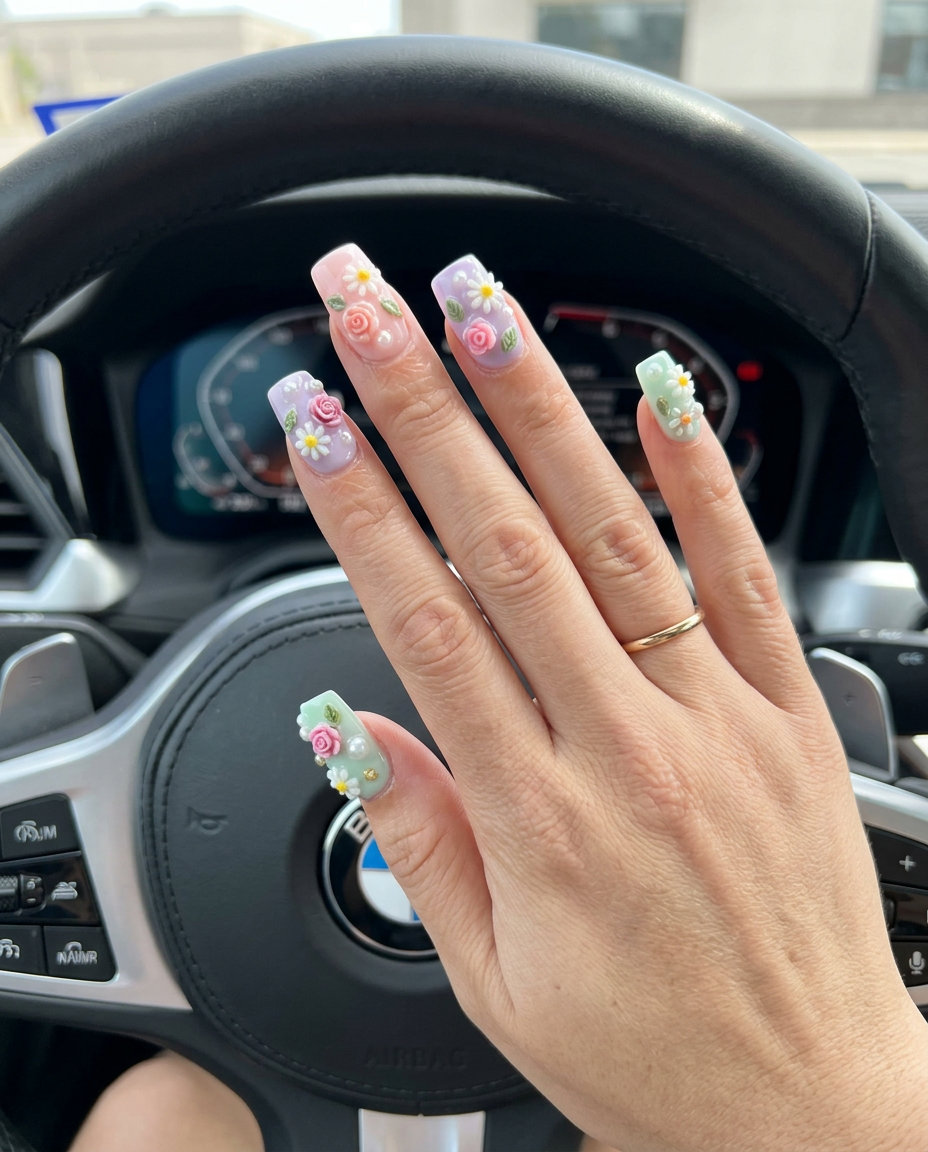 Summer Vibes Nails 2026: 3D Floral Garden Party Summer vibes nails 2026: Pastel pink, lavender, mint green 3D floral charms on medium square nails.
