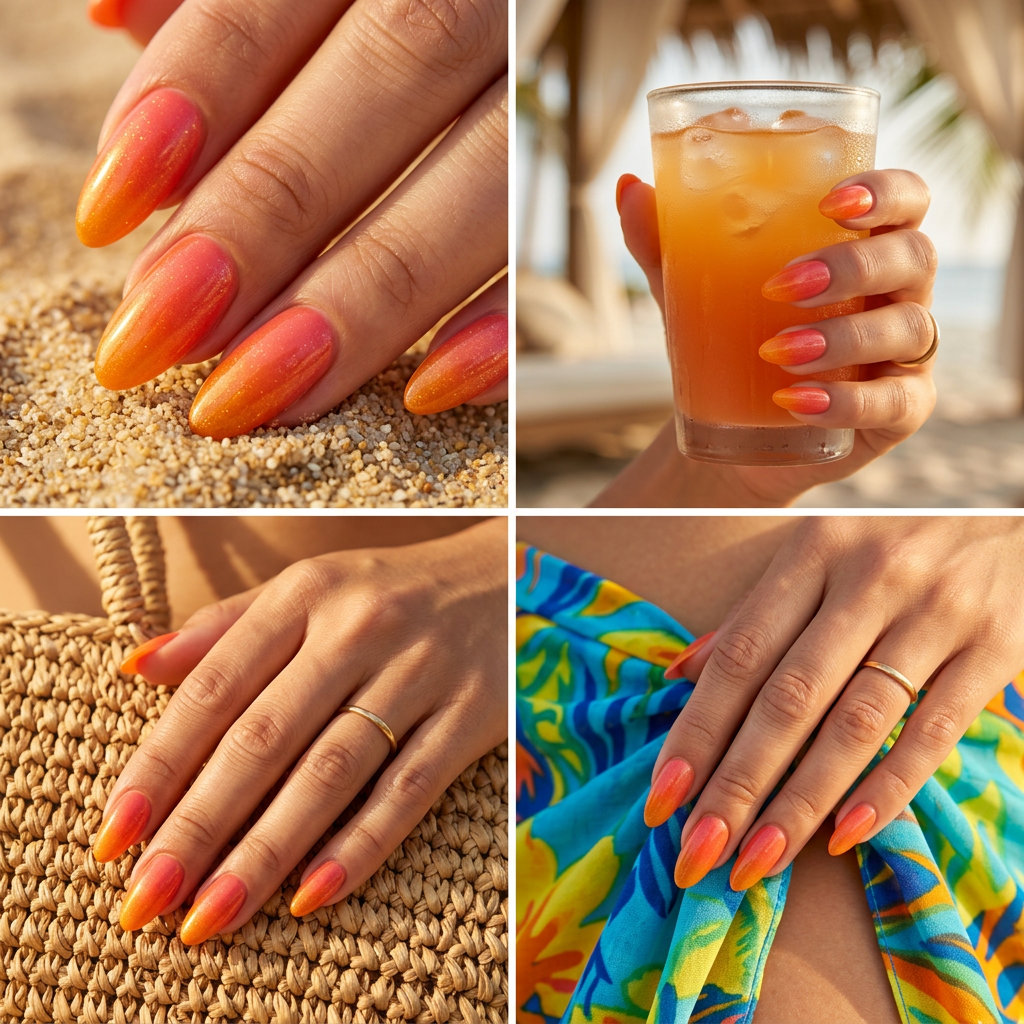 Coral Sunset Ombre Nails 2026: Vacation Ready Vibrant coral sunset ombre nails for summer vibes 2026. Perfect for vacation and beach days.