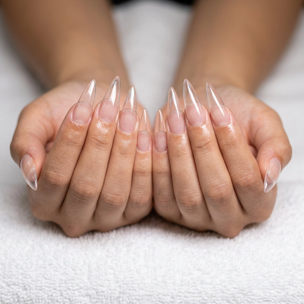 Summer Vibes Nails 2026: Crystal Clear Stiletto Summer vibes nails 2026: Crystal clear stiletto nails with a transparent, glass-like finish.