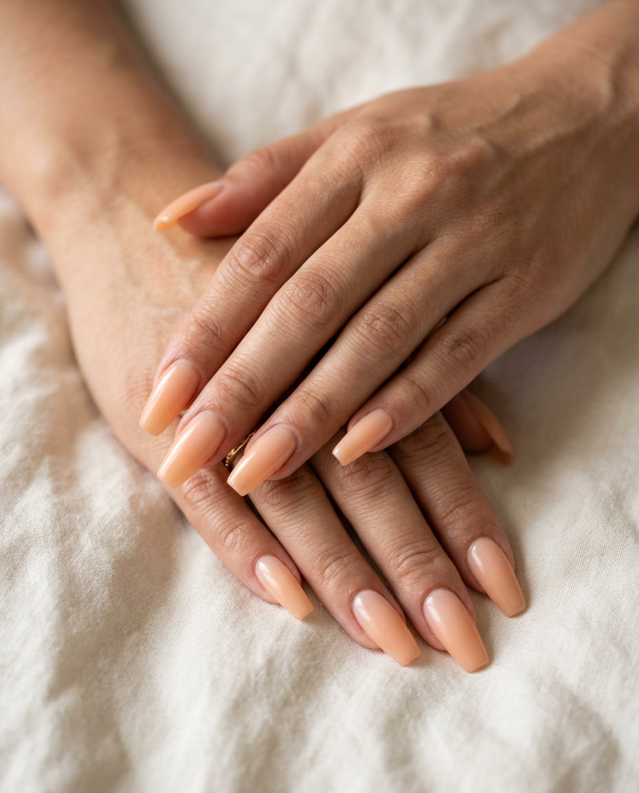 Summer Vibes Nails 2026: Milky Peach Fuzz Coffin Summer vibes nails 2026: Milky peach fuzz on medium coffin nails.