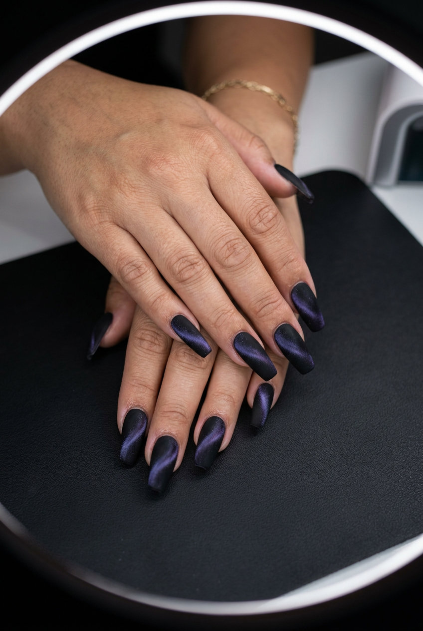 Summer Vibes Nails 2026: Mystic Velvet Cat-Eye Summer vibes nails 2026: Mystic velvet cat-eye in deep black and dark purple/blue shift.