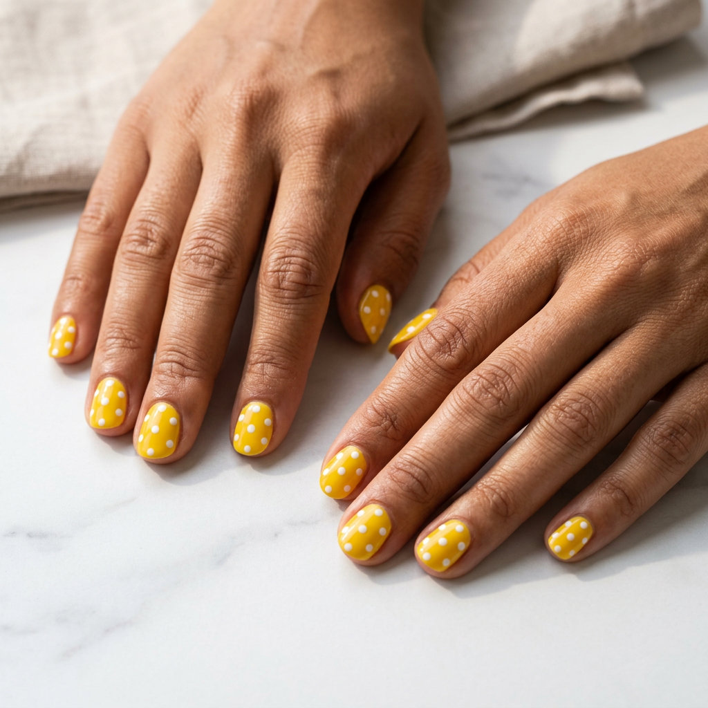 Retro Polka Dot Nails 2026: Playful Summer Style Retro polka dot nails for summer vibes 2026. Bright yellow with white dots, perfect for picnics or beach days.
