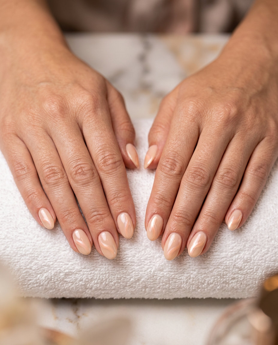 Summer Vibes Nails 2026: Peach Swirls Soft Peach Swirls nails for summer vibes nails 2026, romantic for weddings and date nights.