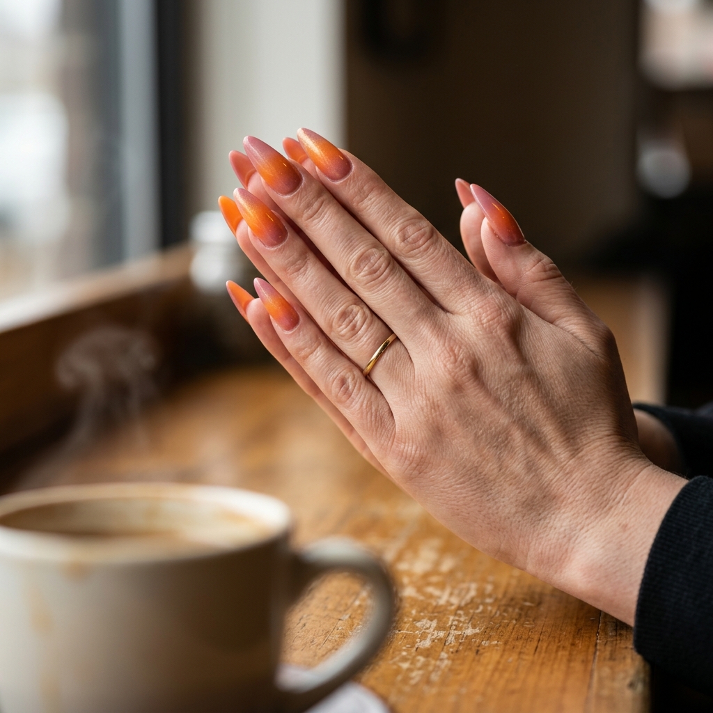 Summer Vibes Nails 2026: Sunset Stiletto Gradient Summer vibes nails 2026: Sunset gradient stiletto nails with gold shimmer.