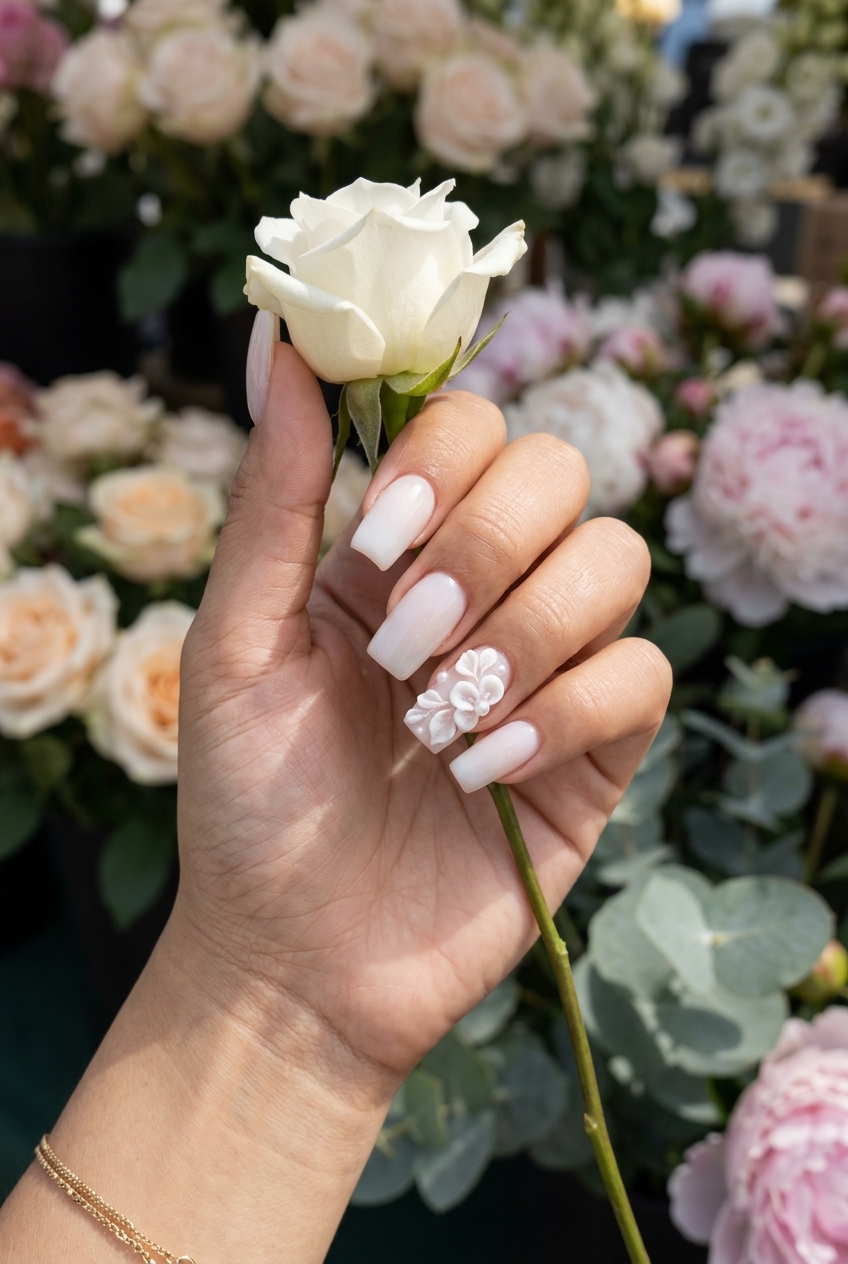 3D White Floral Accent nails for summer wedding 2026. Romantic and artistic bridal party style.