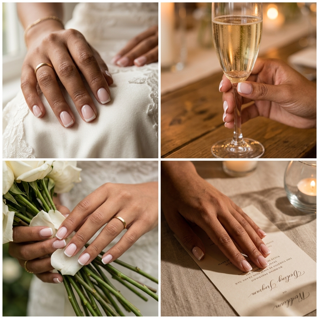 Pale blush square French tip nails for summer wedding nails 2026. Romantic, classic, polished look.