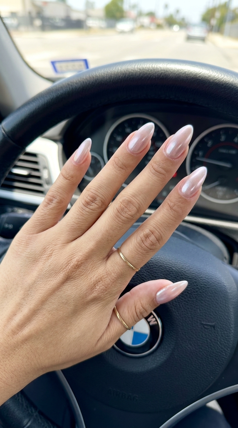 Ethereal chrome almond nails with silver-pink shift for summer wedding nails 2026. Futuristic, ethereal, glamorous.