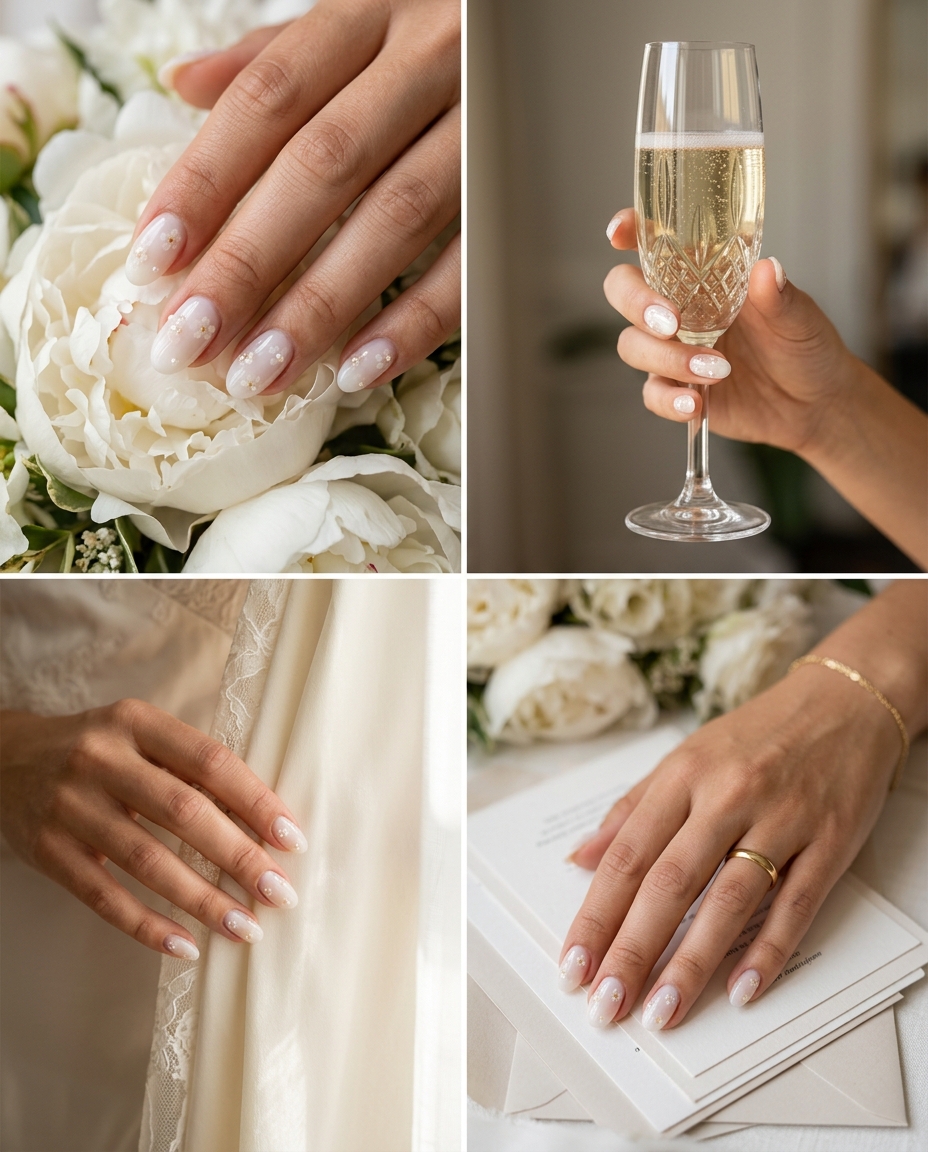 Floral dream milk bath oval nails with 3D flowers for summer wedding nails 2026. Whimsical, romantic, ethereal.