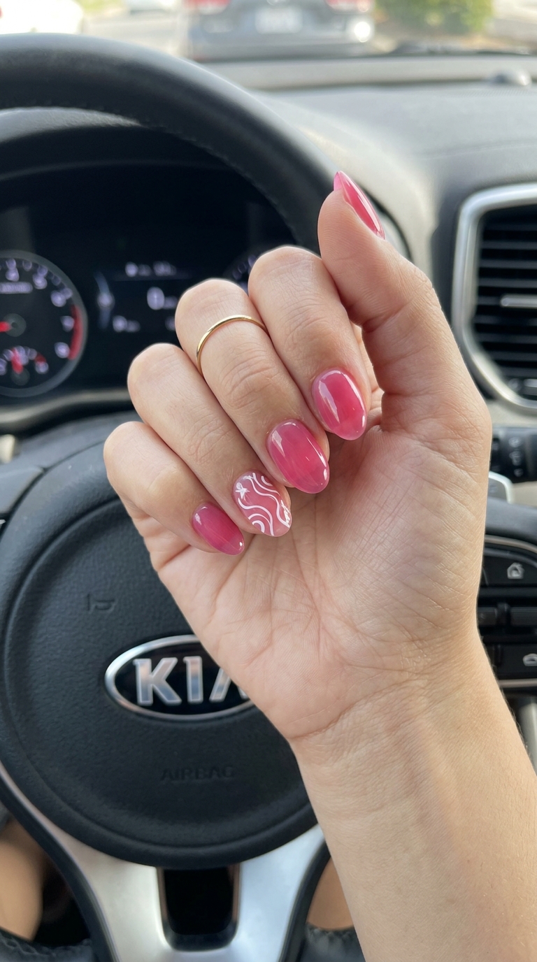Jelly pink oval nails with white decals, playful and vibrant for summer wedding nails 2026.