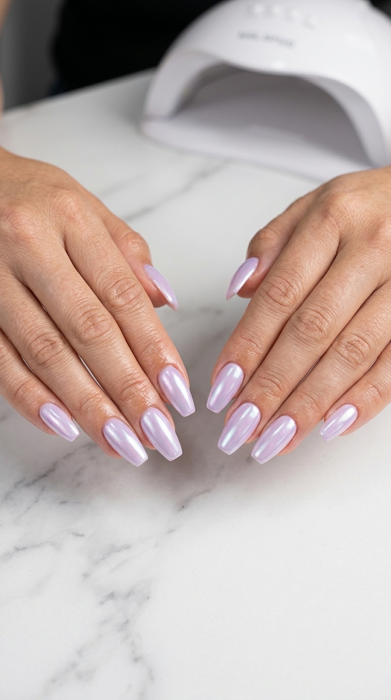 Lavender Pearlescent nails for summer wedding guest 2026. Ethereal shimmer on coffin shape.