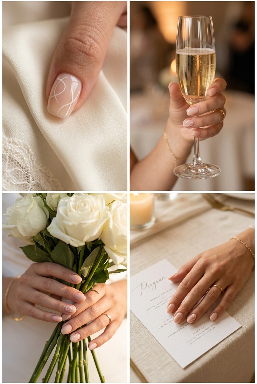 Lined sheer nude accent nails with fine white abstract art for summer wedding nails 2026.