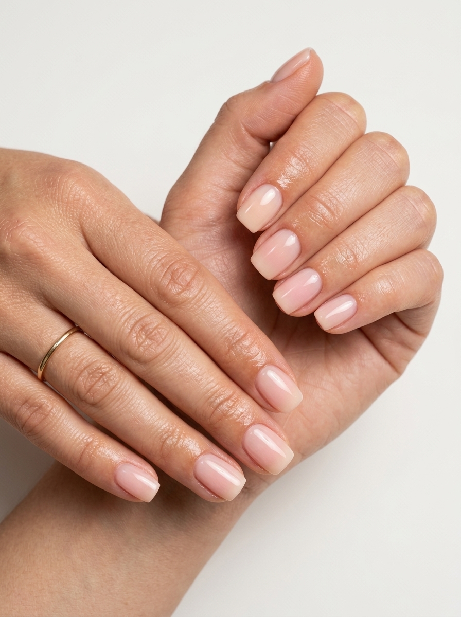 Subtle Nude Ombre nails for summer wedding 2026. Minimalist and clean-girl aesthetic.