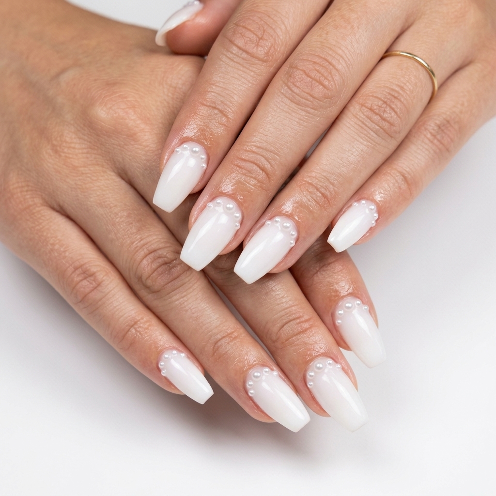 Pearl adorned coffin nails in milky white, a glamorous choice for summer wedding nails 2026.