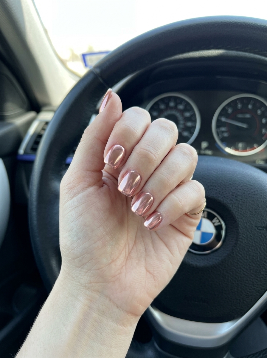 Rose Gold Chrome nails for summer wedding 2026. Glamorous metallic shift on soft square shape.