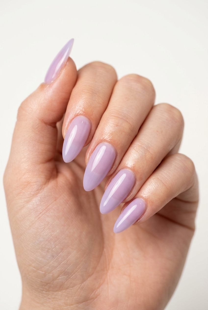 Sheer lavender almond nails with high-gloss finish for summer wedding nails 2026. Romantic, ethereal, soft style.