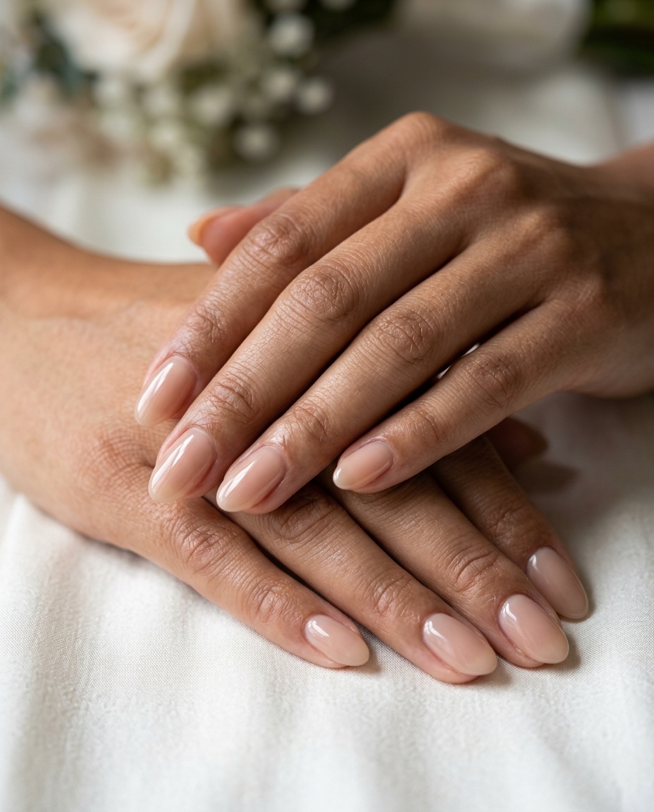Sheer nude jelly oval nails with a 'your nails but better' finish for summer wedding nails 2026.