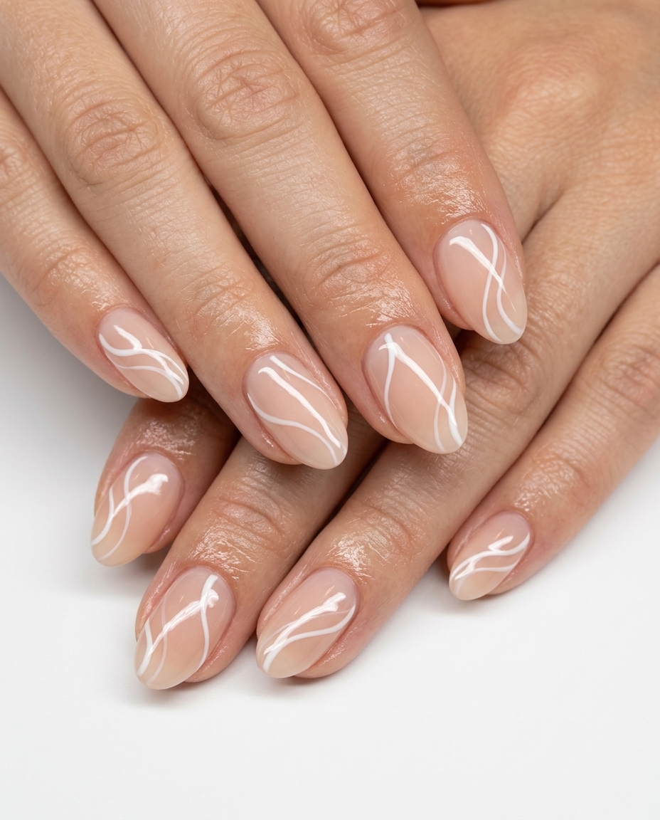 Subtle swirls sheer nude nails, minimalist and chic for summer wedding nails 2026.