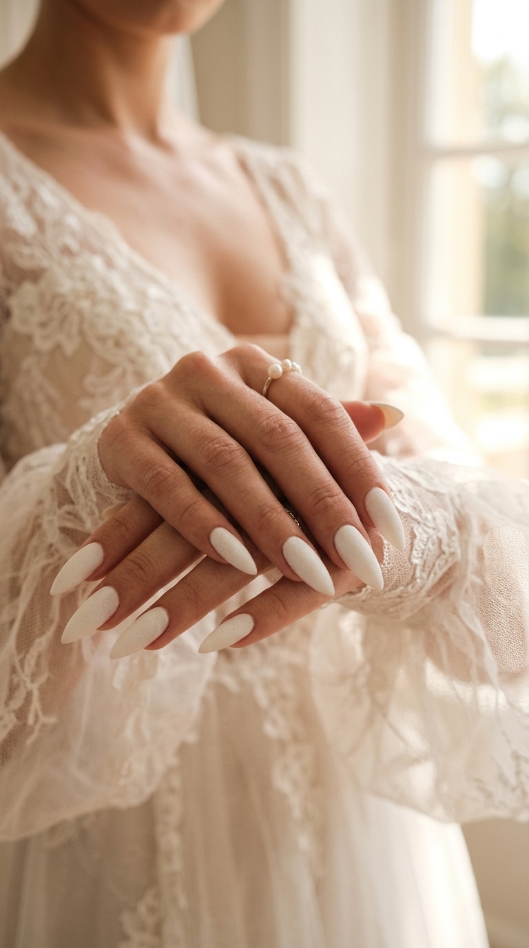 Textured milky stiletto nails for summer wedding nails 2026. Edgy, modern, avant-garde style.