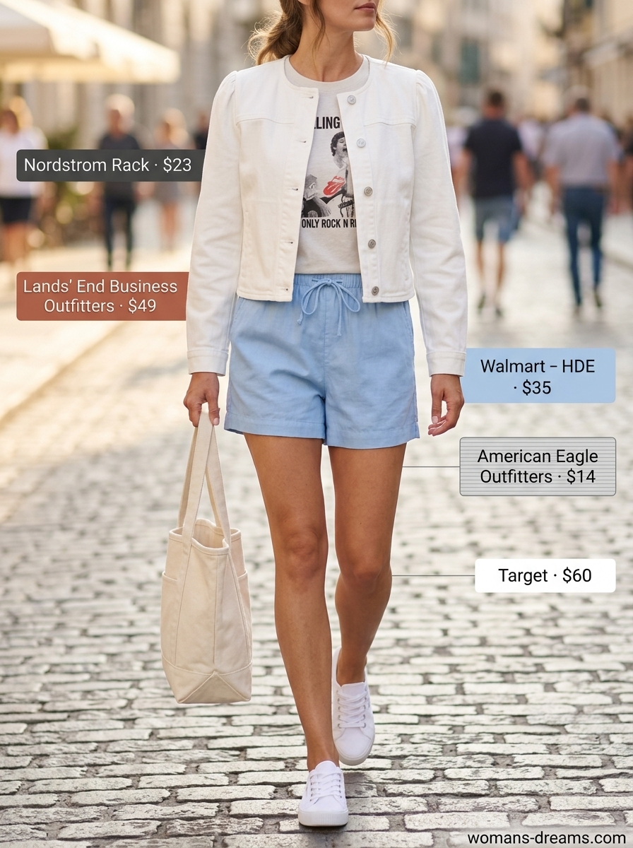 Summer white denim jacket outfits for women 2026: White denim jacket with graphic tee, linen shorts, and canvas sneakers.