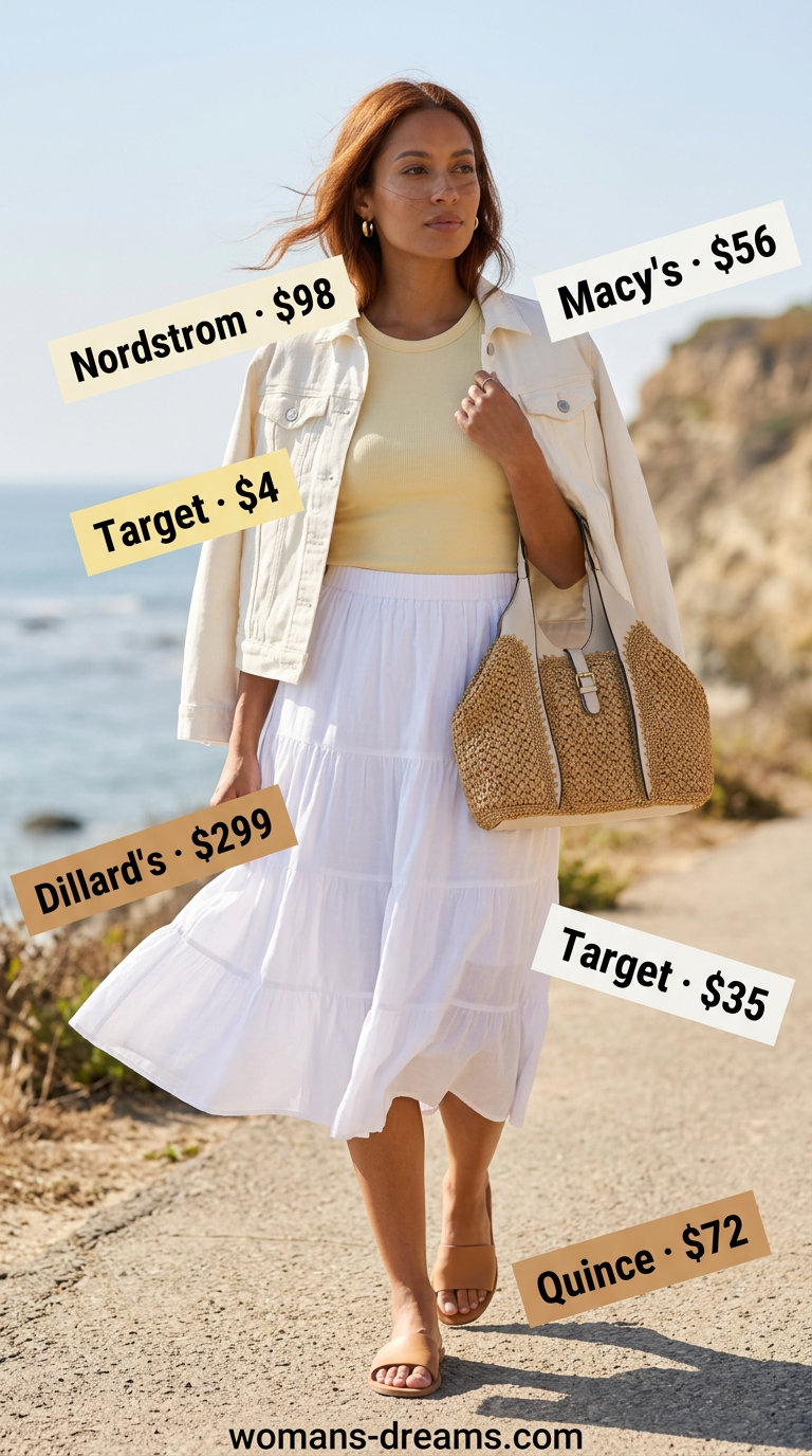 Summer white denim jacket outfits for women 2026: White denim jacket with tiered midi skirt, ribbed tank, and leather slides.