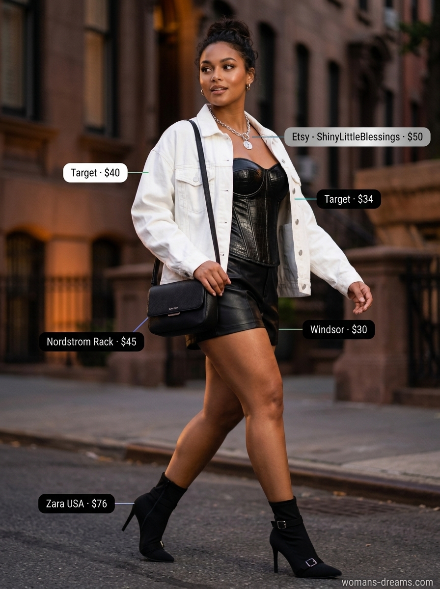 Summer white denim jacket outfits for women 2026: Oversized white denim jacket with corset top, faux leather shorts, and ankle boots.