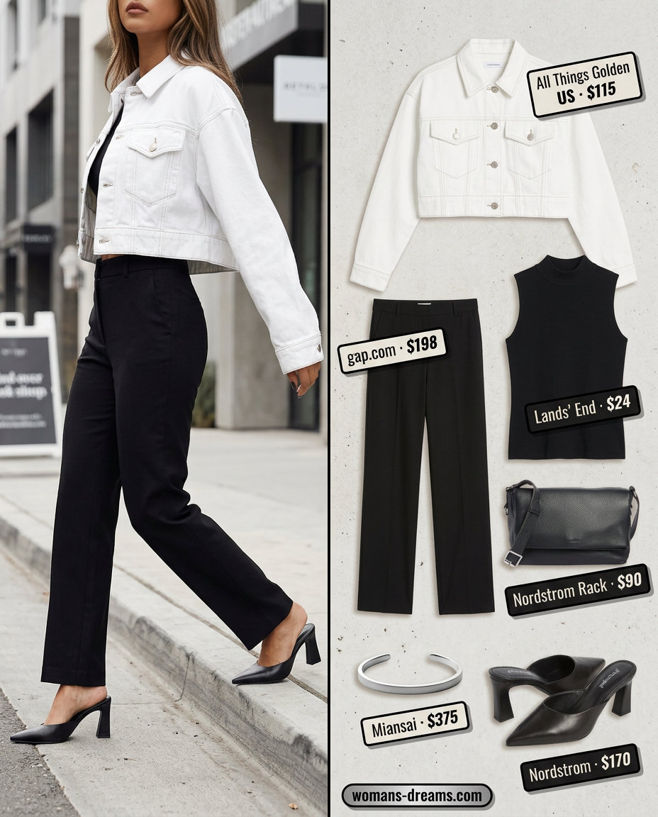 Summer white denim jacket outfits for women 2026: White denim jacket with black trousers, mock neck top, and mules for city exploration.