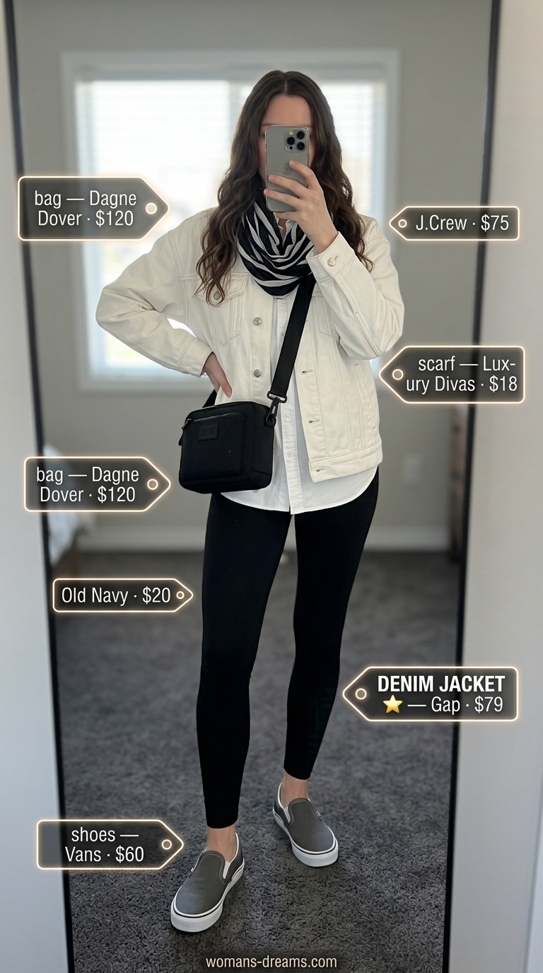 Summer white denim jacket outfits for women 2026: White denim jacket with leggings, button-down shirt, and sneakers for travel.