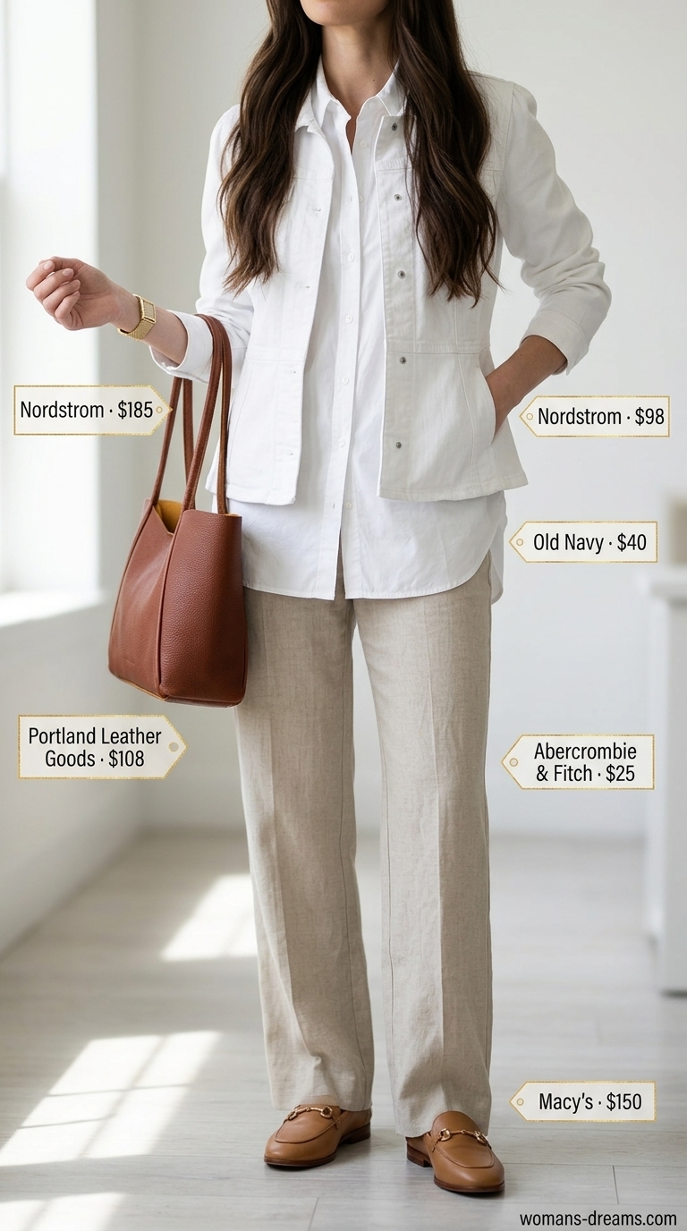 Summer white denim jacket outfits for women 2026: White denim jacket with button-down shirt, wide-leg trousers, and loafers.