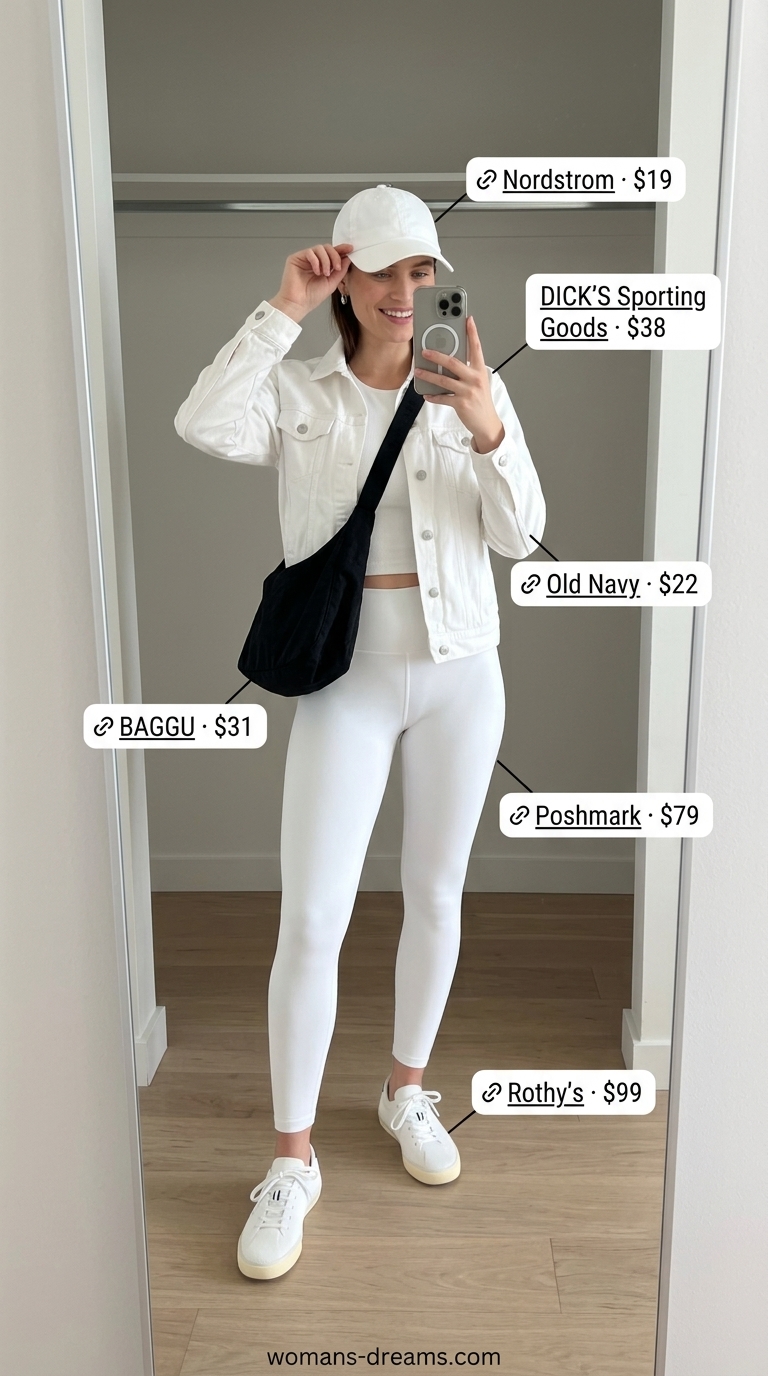 Summer white denim jacket outfits for women 2026: Athleisure look with white denim jacket, leggings, sports bra, and sneakers.