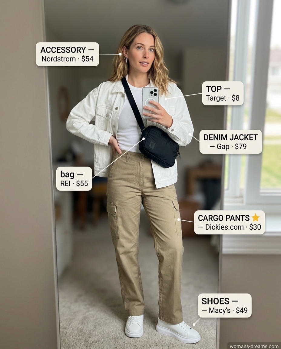 Summer white denim jacket outfits for women 2026: Casual cool cargo pants with white tank, khaki pants, and sneakers.