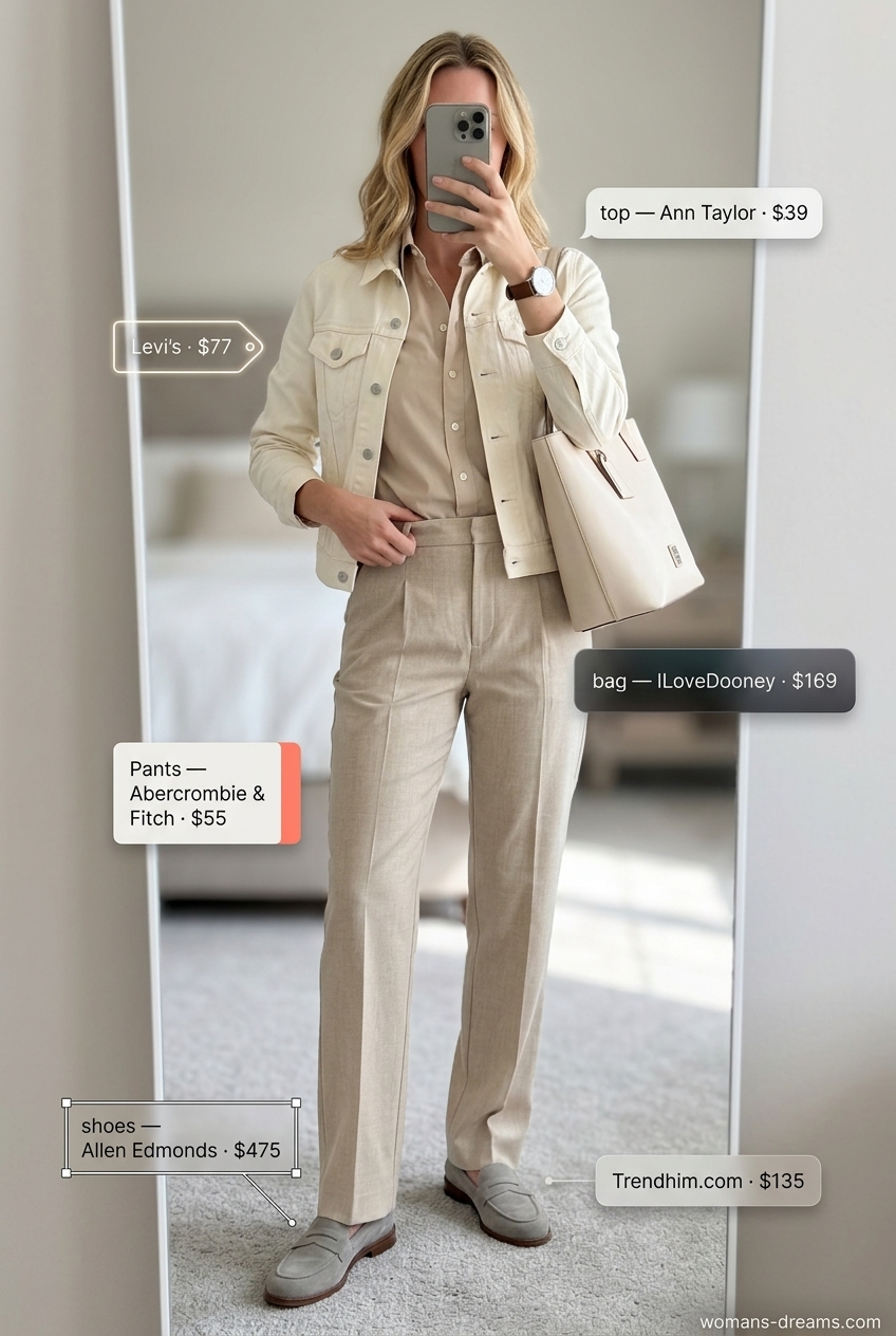 Summer white denim jacket outfits for women 2026: WFH ensemble, tailored trousers, loafers for smart casual.